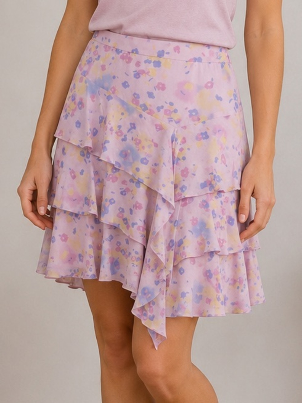 Banana Republic Silk Tiered Ruffle Skirt Watercolor Floral Pink Romantic Size 0